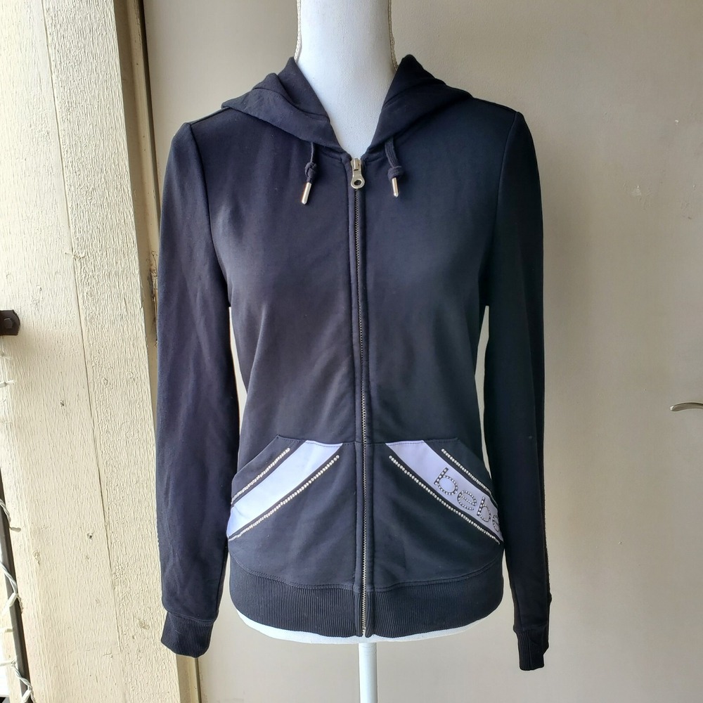 Bebe Zip Up Hoodie Womens Medium Black Purple Rhinestones Rare Vintage Hooded‎